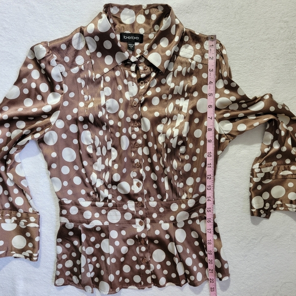 BEBE Silk Blouse Brown Cream Polka Dot Pattern Button Peplum Flared Cuff Size M - Picture 12 of 12